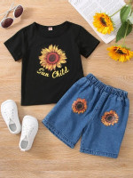 Toddler Girls Sunflower Print Tee With Denim Shorts