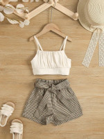 Toddler Girls Ruched Crop Cami Top & Plaid Paperbag Waist Belted Shorts