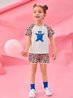 Toddler Girls Bear & Plants Print Raglan Sleeve Tee & Contrast Binding Track Shorts