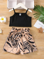 Toddler Girls Solid Cami Top & Tropical Print Paper Bag waist Belted Shorts