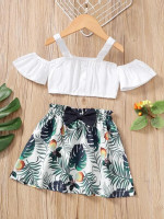 Toddler Girls Cold Shoulder Top & Tropical Print Bow Front Skirt