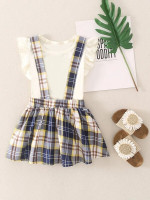 Toddler Girls Ruffle Trim Top & Plaid Pinafore Skirt