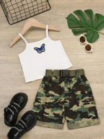 Toddler Girls Butterfly Patch Detail Cami Top & Camo Print Belted Shorts