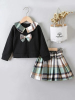 Toddler Girls Bow Front Contrast Collar Sweatshirt & Paper Bag Waist Pleated Skirt