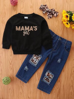 Toddler Girls Letter Graphic Sweatshirt & Patched Ripped Jeans