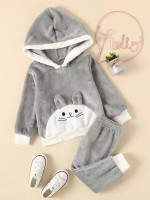 Toddler Girls Cat Embroidery 3D Ears Design Flannel Hoodie & Sweatpants
