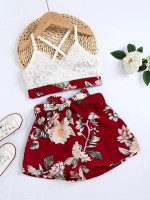 Toddler Girls Lace Cami Top With Floral Belted Shorts
