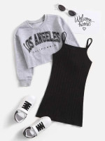 Toddler Girls Letter Graphic Pullover & Ribbed Knit Cami Dress