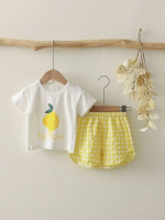 Toddler Girls Letter and Lemon Print Top & Gingham Shorts