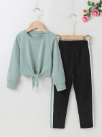 Toddler Girls Solid Tie Front Top & Contrast Striped Tape Sweatpants