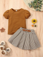 Toddler Girls Puff Sleeve Tee & Houndstooth Print Buckle Pleated Skirt