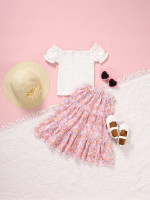 Toddler Girls Puff Sleeve Frilled Shirred Top & Floral Print Ruffle Hem Skirt