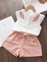 Toddler Girls Feather Print Ruffle Trim Top & Belted Shorts
