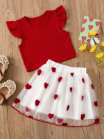 Toddler Girls Ruffle Trim Top & Heart Mesh Overlay Skirt