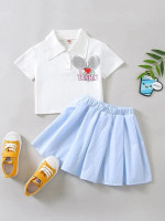 Toddler Girls Tennis Racket And Letter Graphic Polo Neck Tee & Pleated Skirt
