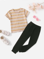 Toddler Girls Colorful Striped Lettuce Trim Tee & Sweatpants