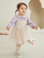Toddler Girls Peter-pan Collar Lantern Sleeve Top & Contrast Mesh Overall Dress