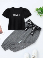 Toddler Girls Letter Graphic Puff Sleeve Tee & Plaid Belted Pants