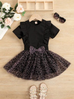 Toddler Girls Ruffle Trim Top & Leopard Mesh Bow Front Skirt