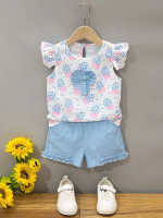 Toddler Girls Floral Print Ruffle Sleeve Bow Tee & Frilled Shorts
