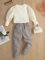 Toddler Girls Rib-Knit Tee & Paper Bag Waist Plaid Pants