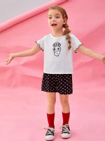 Toddler Girls Cartoon and Polka Dot Print Lettuce Trim Top & Shorts Set