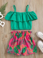 Toddler Girls Cold Shoulder Ruffle Top With Tropical Print Paperbag Shorts