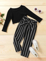 Toddler Girls Ribbed Knit Top & Belted Striped Pants