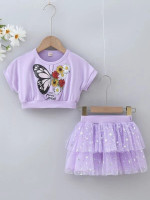 Toddler Girls Butterfly Print Dolman Sleeve Top & Mesh Layered Hem Skirt