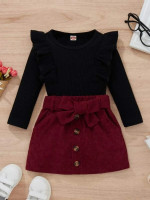 Toddler Girls Ribbed Knit Ruffle Trim Top & Belted Skirt