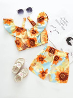 Toddler Girls Floral Print Cold Shoulder Crop Top & Paperbag Waist Shorts