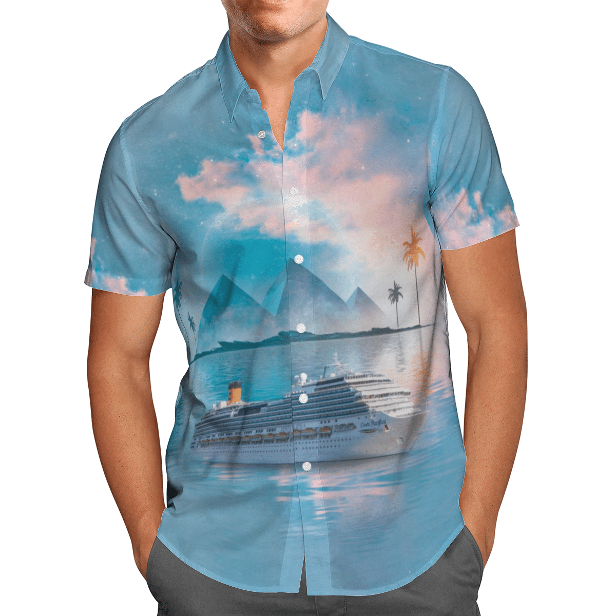 HOT Costa Crociere Costa Pacifica Blue All Over Print Tropical Shirt1
