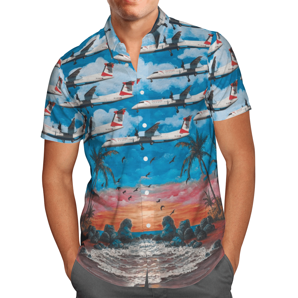 HOT Austrian Airlines Bombardier DHC-8-402 Q400 All Over Print Tropical Shirt1