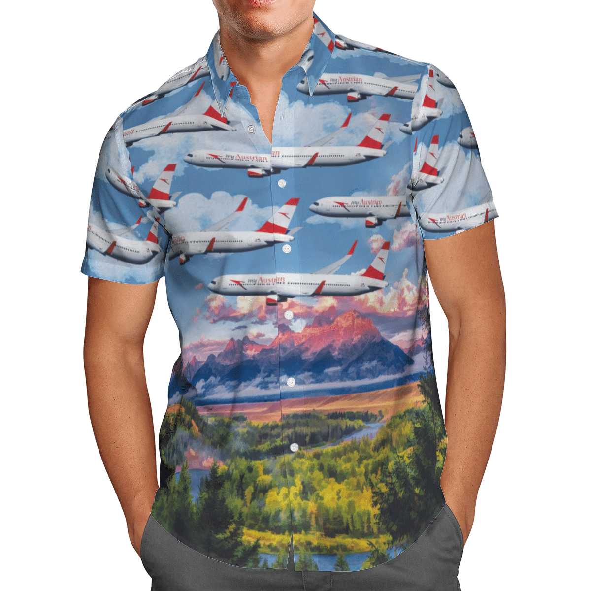HOT Austrian Airlines Boeing 767-31AER Blue All Over Print Tropical Shirt1