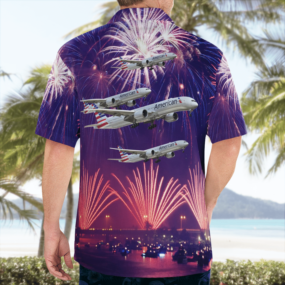 NEW American Airlines Boeing 777-300ER Fireworks 3D Hawaiian Shirt2