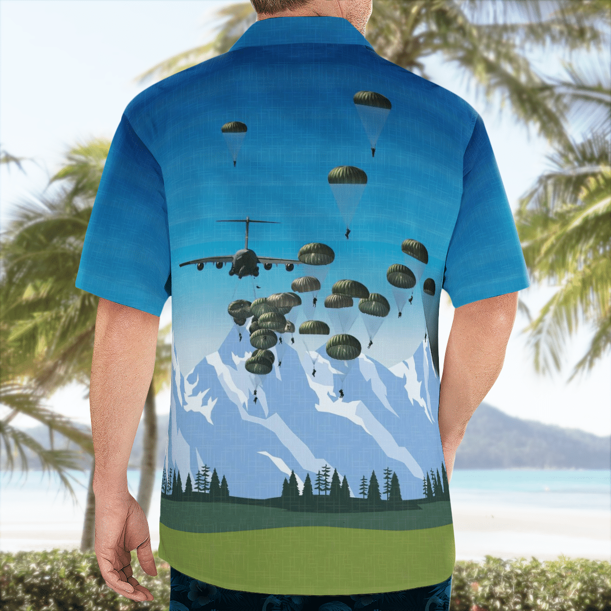 HOT Army paratroopers with the 82nd Airborne Division parachute from a C-130 Hercules aircraft Hawaiian Shirt2