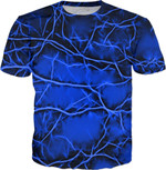 RageOn Dark blue bolts on black sky pattern tee shirt design, abstract stripes, lines theme