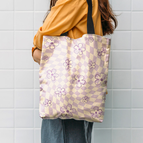 Purple Checker Flower Hippie Accessories Tote Bag