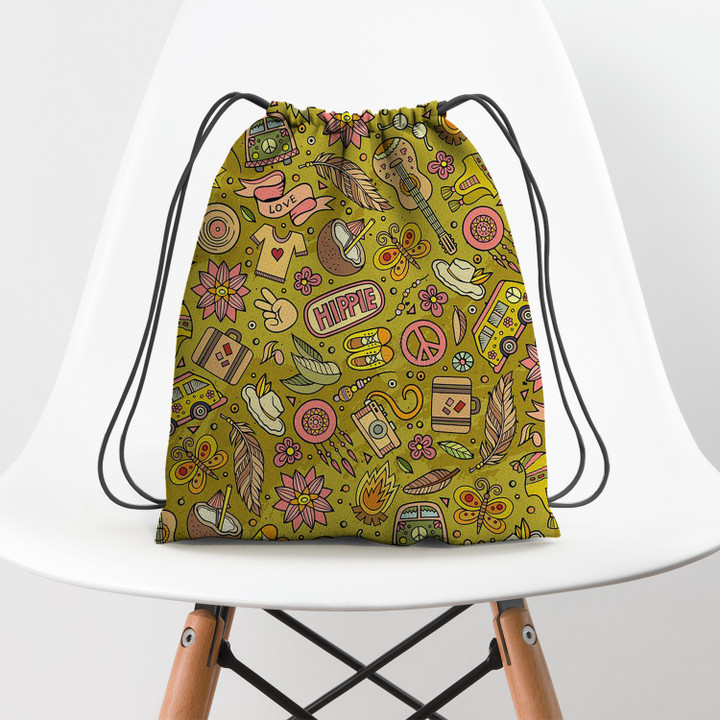 Hippie Hand Drawn Doodles Seamless Pattern Hippie Accessorie Drawstring Backpack