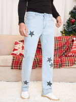 Men Star Print Slant Pockets Jeans