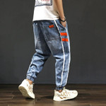 Fashion Streetwear Men Jeans  Side Stripe Spliced Harem Jeans