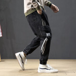 Fashion Style Men Stripe Spliced Big Pocket Cargo Jeans