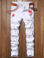Men Rose Embroidery Distressed Tapered Jeans
