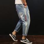 Hot Fashion Men Loose Holes Ripped Washed Ankle-Length Jeans