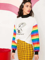 Contrast Rainbow Striped Sleeve Figure Print Sweatshirt
