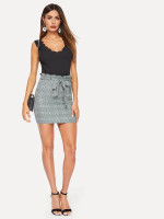Paperbag Waist Glen Plaid Belted Skirt