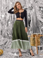 Women Color Block Lace Panel Pleated Velvet Skirt