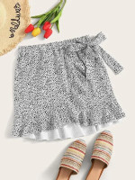 Splodge Print Ruffle Hem Self Tie Wrap Skirt