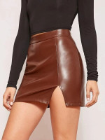 Women Split Hem PU Leather Skirt
