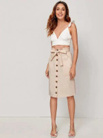 Button Front Belted Paperbag Waist Midi Skirt